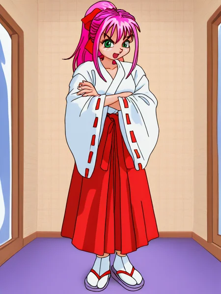 <lora:1990-mahjong-gals:1>1990s (style), pachinko sexy reaction, 1girl, solo, japanese clothes, miko, pink hair, green eyes, retro artstyle, 1990s (style), skirt, tabi, open mouth, long sleeves, hakama, red hakama, hakama skirt, ponytail, crossed arms, long hair, sandals, ribbon-trimmed sleeves, indoors, full body, standing, wide sleeves, ribbon, looking at viewer, ribbon trim, hair ribbon, sugimoto miruruâââ