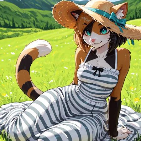 masterpiece, best quality, newest, absurdres, highres, furry, perfect anatomy, K4w4,1girl,solo,furry,furry female,cat girl,short hair,multicolored hair,cat ears,aqua eyes,slit pupils,snout,animal nose,whiskers,body fur,two-tone fur,cat tail,striped tail, hills, grass, sunny, windy, striped dress, black and white dress, straw hat, tan straw hat, sunshine, beautiful,