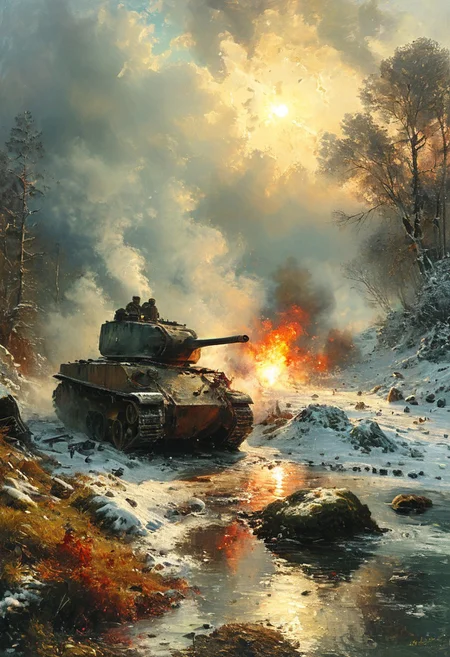 cinematic explosion napoleonic soldiers blowing away ,a ww1 tank stuck in a quagmire, battlefield, vibring color, explosion, ice and snow . Forest. At sunset, vibring color, monet, oil painting, style of Andreas Achenbach