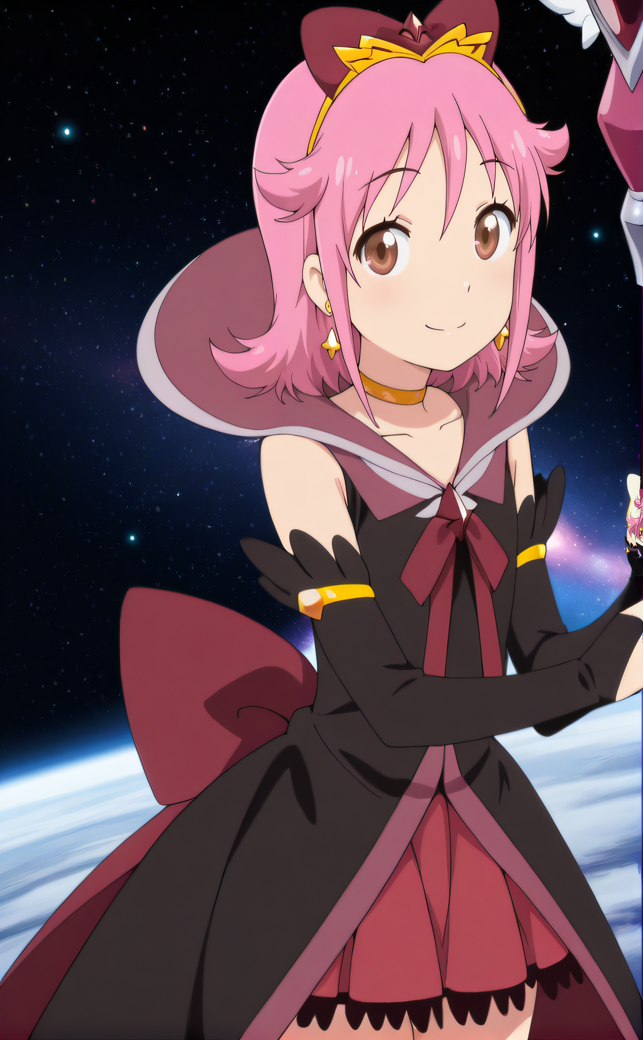 masterpiece, best quality, highres, newest, 1girl, solo, official style, anime screencap, <lora:IL_Subaru:1>, subaru, pink hair, brown eyes, short hair, earring, jewlery, hair_bow, red_chest_ribbon, choker, magical girl, black dress, detached sleeves, black sleeves, red skirt, thighs, looking at viewer, smilee, outdoor, cowboy shot, smile, space, holding staff