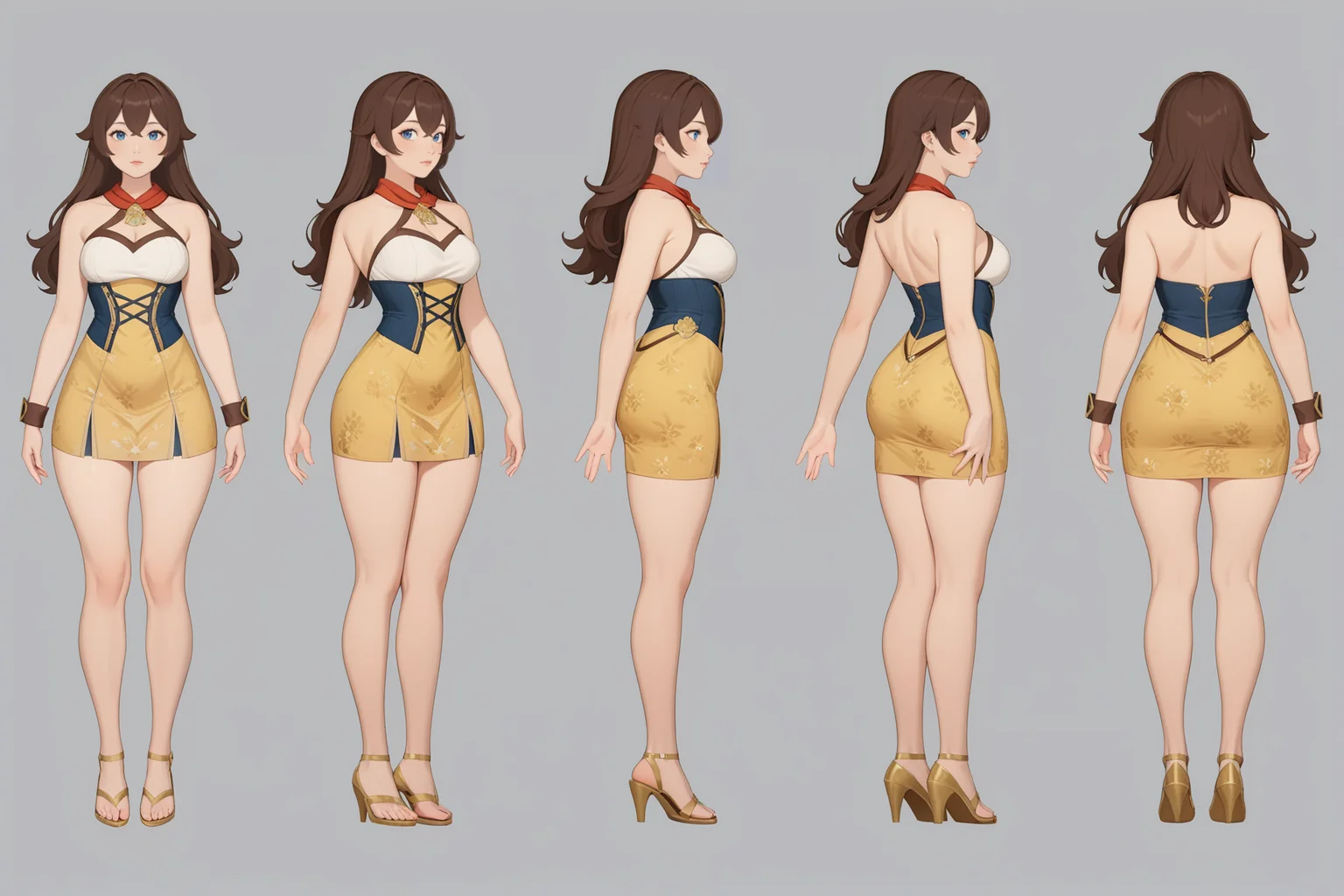 (GENERAL:0), 1girl, masterpiece, best quality, very aesthetic, absurdres, solo, standing,
(VIEWS:0), full body character turnaround of 1girl,
Multiple views of the same character in the same outfit, simple background, white background, multiple views, side view, back view, front view,
(hairLength:0), big hair,
(hairTexture:0), pointy hair,
(hairstyles:0), Beach waves hairstyle,
(haircolor:0), brown hair,
(bodyshape:0), Curvy body,
(ethnic origin:0), Czech,
(skin color:0), Medium Skin,
(eye color:0), blue eyes,
(clothing:0), Mustard yellow floral print midi dress,
(character ref:0), Amber \(Genshin Impact\),
(art style:0), by Zamoshvik
(theme:0), holy
theme character design,
<lora:ClothTurnXLRemix_v1-000004:.5>
<lora:ClothTurnXL_v1-000004:0.38>
<lora:CharTurnXL_v2:0.25>
<lora:xl_more_art-full_v1:.25>,
<lora:Alphonse Mucha Style:.1>, Alphonse Mucha Style page
<lora:å½é£æç»SDXL:.1>