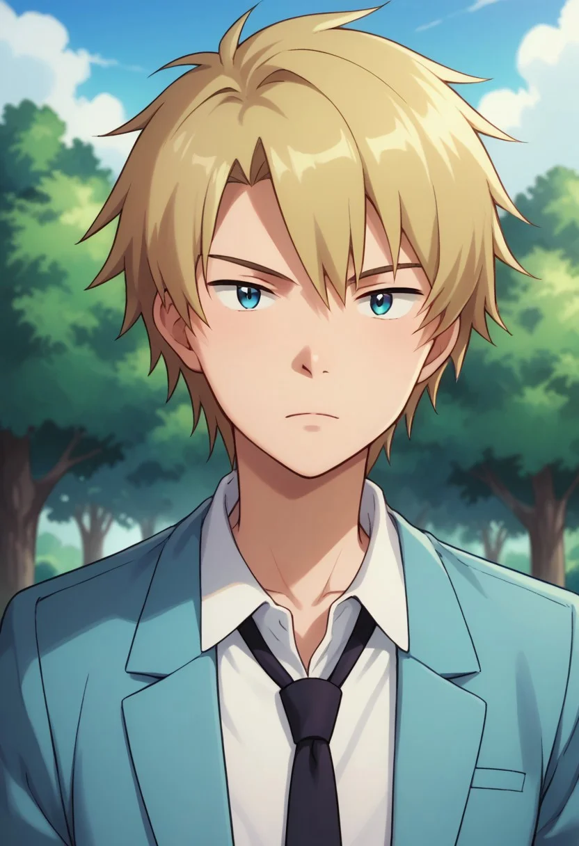 score_9, score_8_up, score_7_up, source_anime, highly detailed,
yamatri, 1boy, male focus, school uniform, solo, necktie, blonde hair, tree, day, sky, jacket, blazer, blue jacket,
shirt, white shirt, collared shirt, upper body,