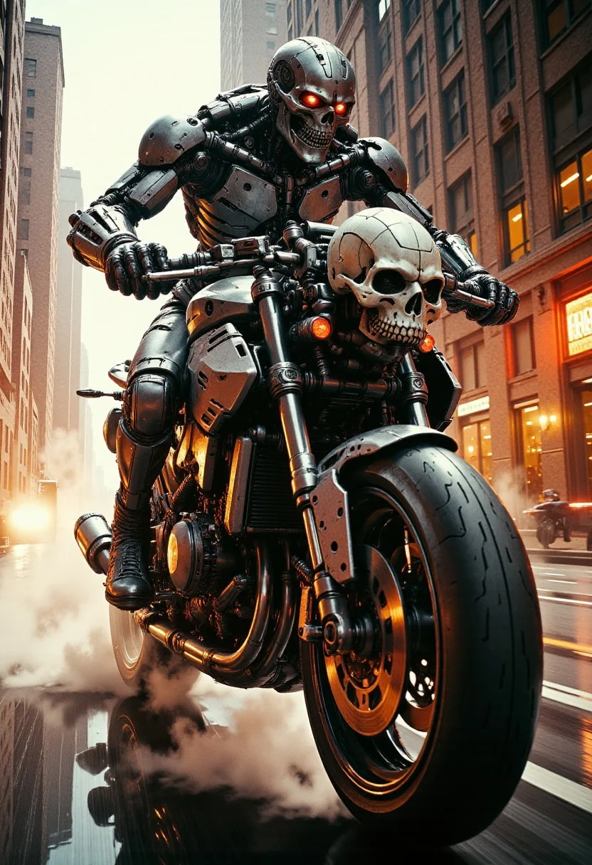 in the style of cksx, ckspaceship, silhouette art, chiascuro, a terminator endoskeleton riding a Cyberdyne superbike with a skull mounted on the handlebars, adorned with intricate, metallic details, including bolts, wires, and mechanical components, giving it a highly advanced, industrial military look, red lights and diodes. He is riding at extreme speed down a narrow cyberpunk alleyway, extreme motion blur on the background and wheels emphasising the extreme speed, sunset, chiascuro