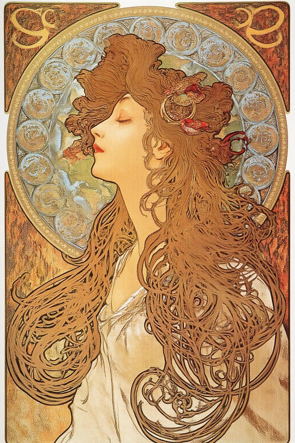 mucha1 illustration. 
Profile of a woman with long, flowing hair cascading down her back, with intricate, swirling patterns. Her hair is adorned with a red hairpin on the right side. She is depicted in profile, with her eyes closed, giving a serene, contemplative expression. <lora:mucha1_cap_d6a3e11:1.0><lora:822876525440528400:0>