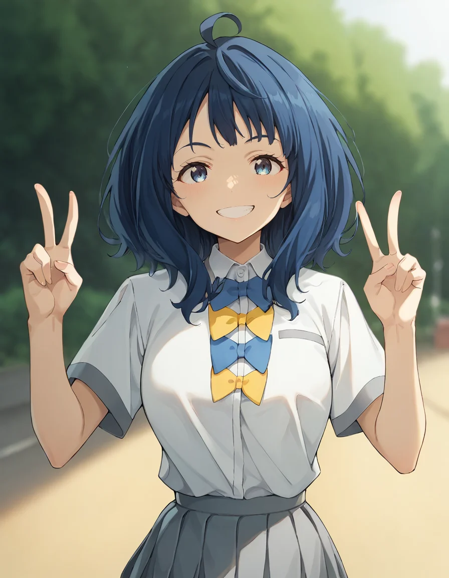 score_9, score_8_up, score_7_up, source_anime, blurry background, BREAK
1girl, solo, looking at viewer, cowboy shot, outdoors, grin, double-v,
anna yanami, blue hair, medium hair, ahoge, blue eyes,
school uniform, white collared shirt, short sleeves, blue bow, yellow bow, grey pleated skirt,
<lora:anna_yanami_anime-soralz:1>