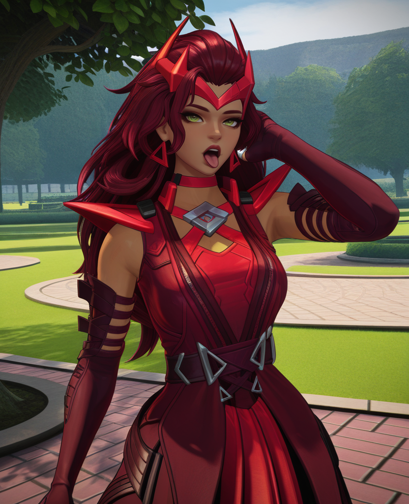masterpiece, best quality, amazing quality, highres, absurdres, outdoors, 3d, park, scenery,  <lora:Scarlet_Witch_ILLUS_3:0.8>  , sc1, 1girl, solo, long hair, red hair, green eyes, red lips, elbow gloves, earrings, dress, headgear, choker, dark-skinned female, expressionless, ruffling hair, tongue out, open mouth, arm behind head, looking at viewer,