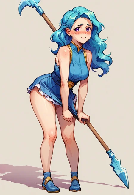 Score_9, score_8_up, score_7_up, score_6_up,score_5_up, anime color, watercolor, ink lines, anime style, source_cartoon,nsfw, valere, aqua hair, (wavy hair), long hair, breasts apart, curvy hips, purple eyes, sleeveless, leaning forward, head tilt, lingerie, small dress, blue dress, frills, blue straps, skindentation, looking back, (((sexy))), uncomfortable pose, pulling skirt, side view, knees together, huge weapon, (((holding weapon))), double-bladed spear, 1girl, solo, shy, (((blushing))), nervous smile, looking at viewer, (best quality,masterpiece), ultra high res,ultra-detailed, :: simple background, (((shadow)))