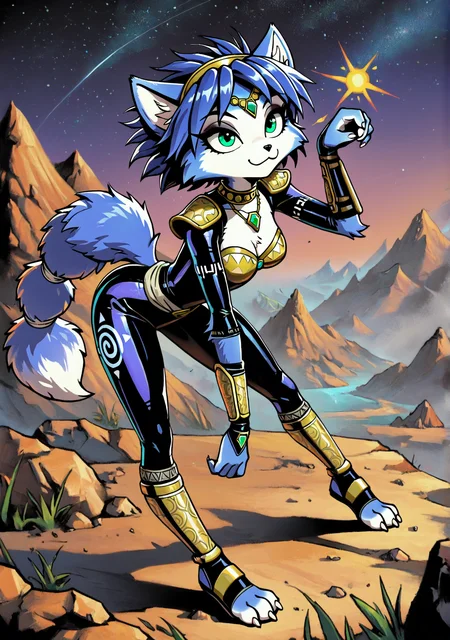 masterpiece,best quality,amazing quality, mm2shd, solid black shading, FMIXF2, trineal, hued shading, vibrant shading, detailed fur, solo, krystal, star fox, small claws, paws, black lips, eyeshadow, :3, leaning forward, hand up, bodysuit, outdoors, night sky, starry sky