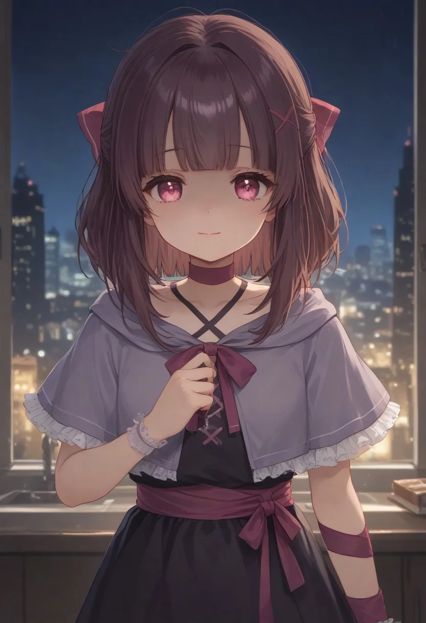 1girl, solo, solo focus, highres, absurdres, Shondo1st, bangs, pink eyes, hair bow, brown hair, medium hair, petite, sidelocks, flat chest, black dress, criss-cross halter, frilled dress, waist bow, pink bow, single wrist cuff, arm ribbon, pink ribbon, pink choker, chocolate, food-themed clothes, collarbone, grey capelet, hooded capelet, hood down,
looking at viewer, holding knife, ((shaded face,)) head tilt, kitchen knife, yandere, hand up,
cityscape, neon lights, night, night sky, dark, backlighting,