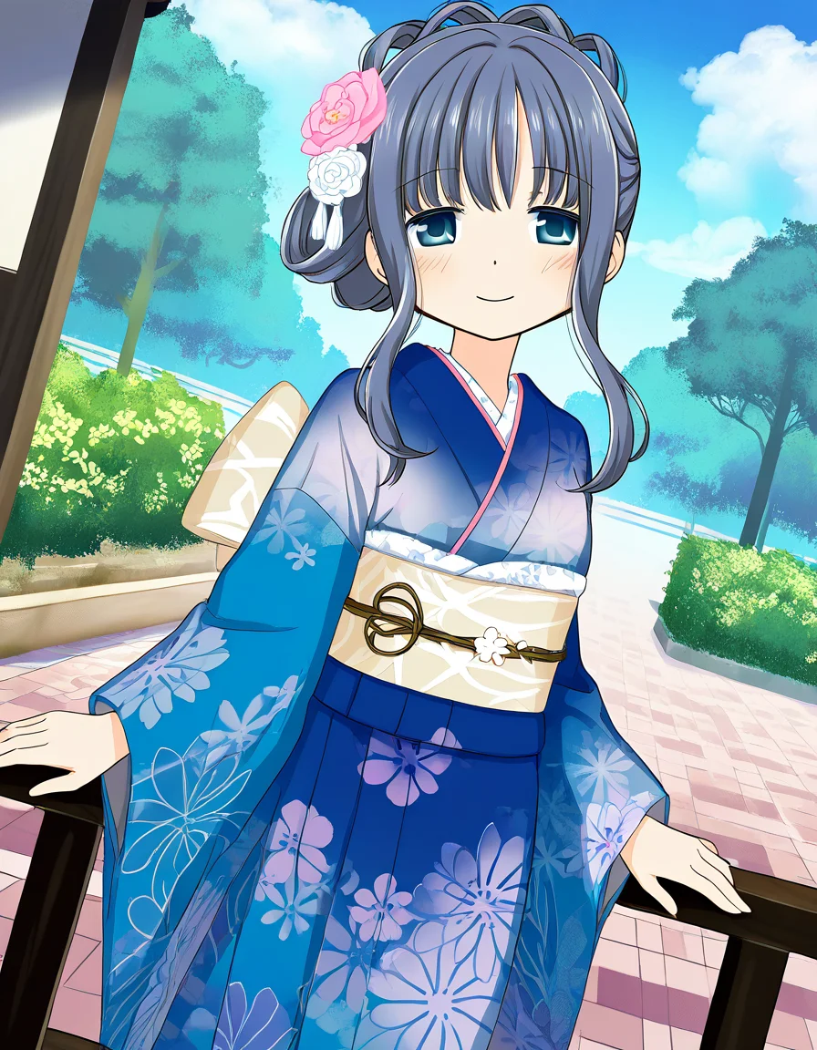 masterpiece, best quality, newest, absurdres, highres, safe, 1girl, nanami yachiyo \(haregi costume\), magia record: mahou shoujo madoka magica gaiden, smile, solo, day, outdoors, dutch angle, <lora:nanami_yachiyo_noobaiXLNAIXL_vPred10Version:0.7>