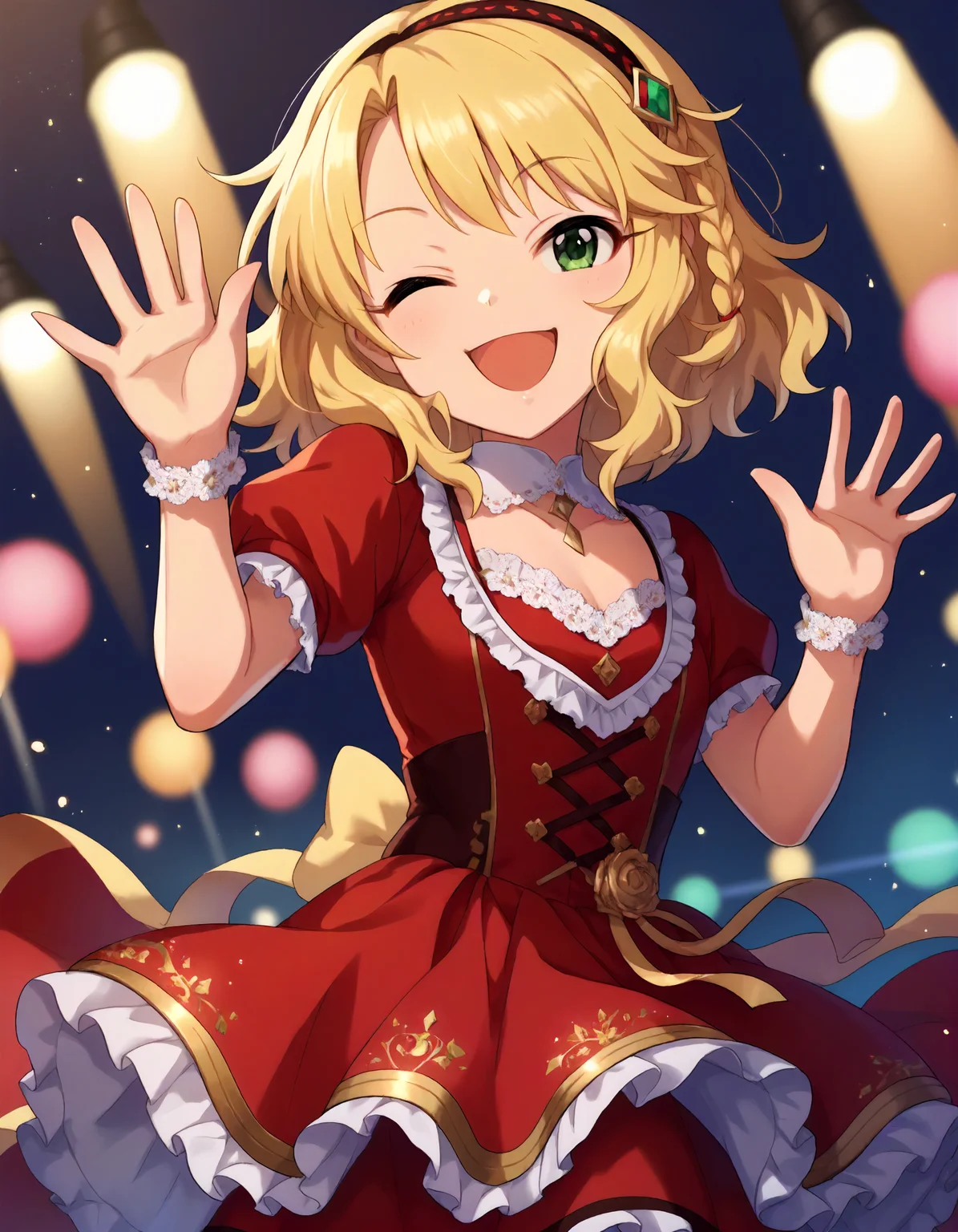 score_9,score_8_up,score_7_up,1girl,solo,cowboy shot,looking at viewer,smile,open mouth,wink,waving,stage lights,
<lora:sakuraimomoka_ponyXLV6:0.8>,cgsmmk,
blonde hair,medium hair,braid,green eyes,
hairband,red dress