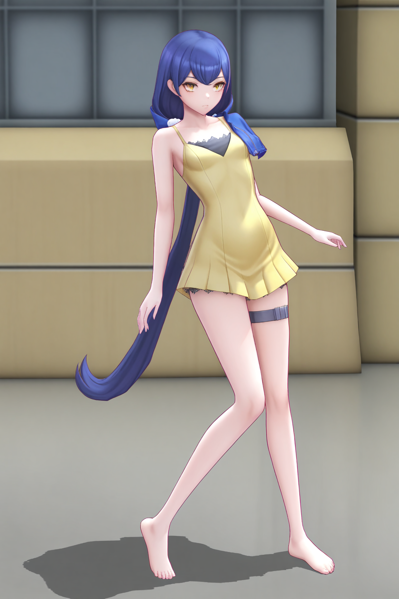 yellow dress barefoot, dsc-erika, blue hair, hair ornament, 1girl, solo, narrow waist, masterpiece, absurdres, high quality, highres, best quality, (full body:1.20), recent <lora:dsc-erika-V01-000003:0.9>