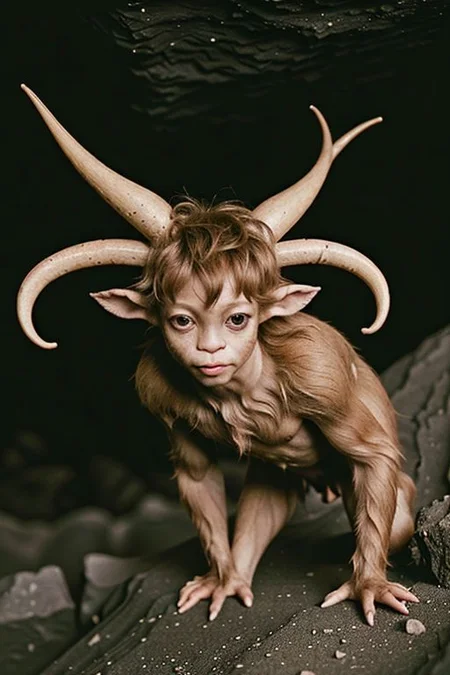 Cute epiCPhoto, of an scared little humanoid (Faun1024:1.36), very fluffy creature, bent down short horns, 3/4 view, fullbody, in detailed cave, at theme