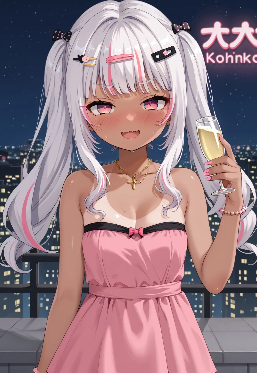 KotokuKoinuko, long hair, dark skin, twintails, multicolored hair, pink hair, streaked hair, white hair, pink eyes, hair ornament, hairclip, bangs, gyaru, tan,
pink dress, strapless dress, bare shoulders, collarbone, cleavage, one-piece tan, small breasts,
looking at viewer, flustered, nervous sweating, embarassed, smug, open mouth, full-face blush, nervous, hand up, holding glass, champagne, half-closed eyes,
rooftop, cityscape, neon lights, billboard, dark, night, night sky,
1girl, solo, solo focus, highres, absurdres, light particles, backlighting, shade, lens flare, shiny skin, fine fabric emphasis,