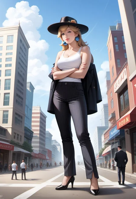 score_9, score_8_up, score_7_up, score_6_up, score_5_up, score_4_up, high quality, ((photorealistic)), (Extremely detailed), 1.5, <Lora:add-detail-xl:1.5>, princess peach, blonde hair, blue eyes, long hair, black fedora hat, white tank top, black pinstripe suit pants, black mule heels, Marco, Giantess, giga size, gigantic, city, standing, looking down, arms crossed, front view