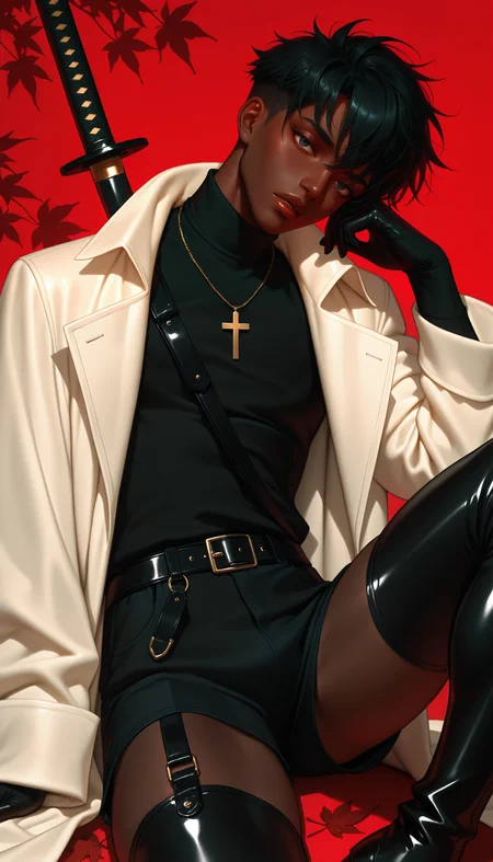 absurdres, high_quality, incredibly_absurdres, very aesthetic, film_grain, grainy_texture, blender_\(artwork\), zbrush_\(artwork\), raytraced, volumetric_lighting, digital_painting_\(artwork\)
(BAMF-Illu, dark_skin, very_dark_skin, thick_lips, large_nose, wide_nose, dark-skinned_male, dark skin, gloves, solo, boots, thigh boots, sword, necklace, 1boy, weapon, jewelry, male focus, leaf, black gloves, thighhighs, belt, shorts, black hair, looking at viewer, red background, black footwear, coat, leather boots, katana, black shirt, cross necklace, sitting, cross, autumn leaves)