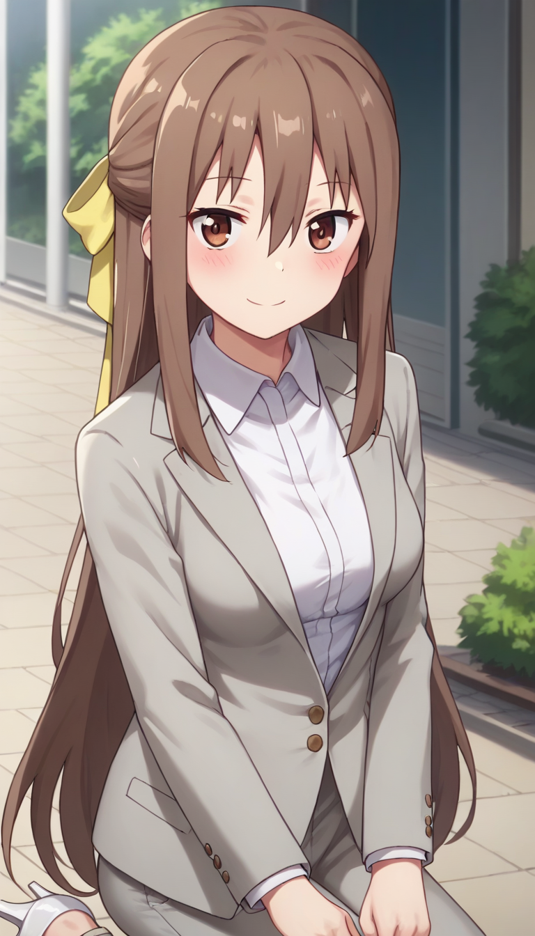 score_9,score_8_up,masterpiece,best quality,correct anatomy,anime_source,1girl,solo,perfect eyes,perfect arms,perfect legs,perfect face,outdoors,upper body,(portrait:1.5),looking at viewer,facing viewer,smile,blush,Kanau Kongo,long hair,brown hair,half updo,hair ribbon,yellow ribbon,sidelocks,hair between eyes,bangs,brown eyes,suit,grey jacket,blazer,wing collar,white shirt,dress shirt,collared shirt,long sleeves,medium breasts,grey pants,high heels,white footwear,<lora:Kanau Kongo(huc)-Pony:1.4>,