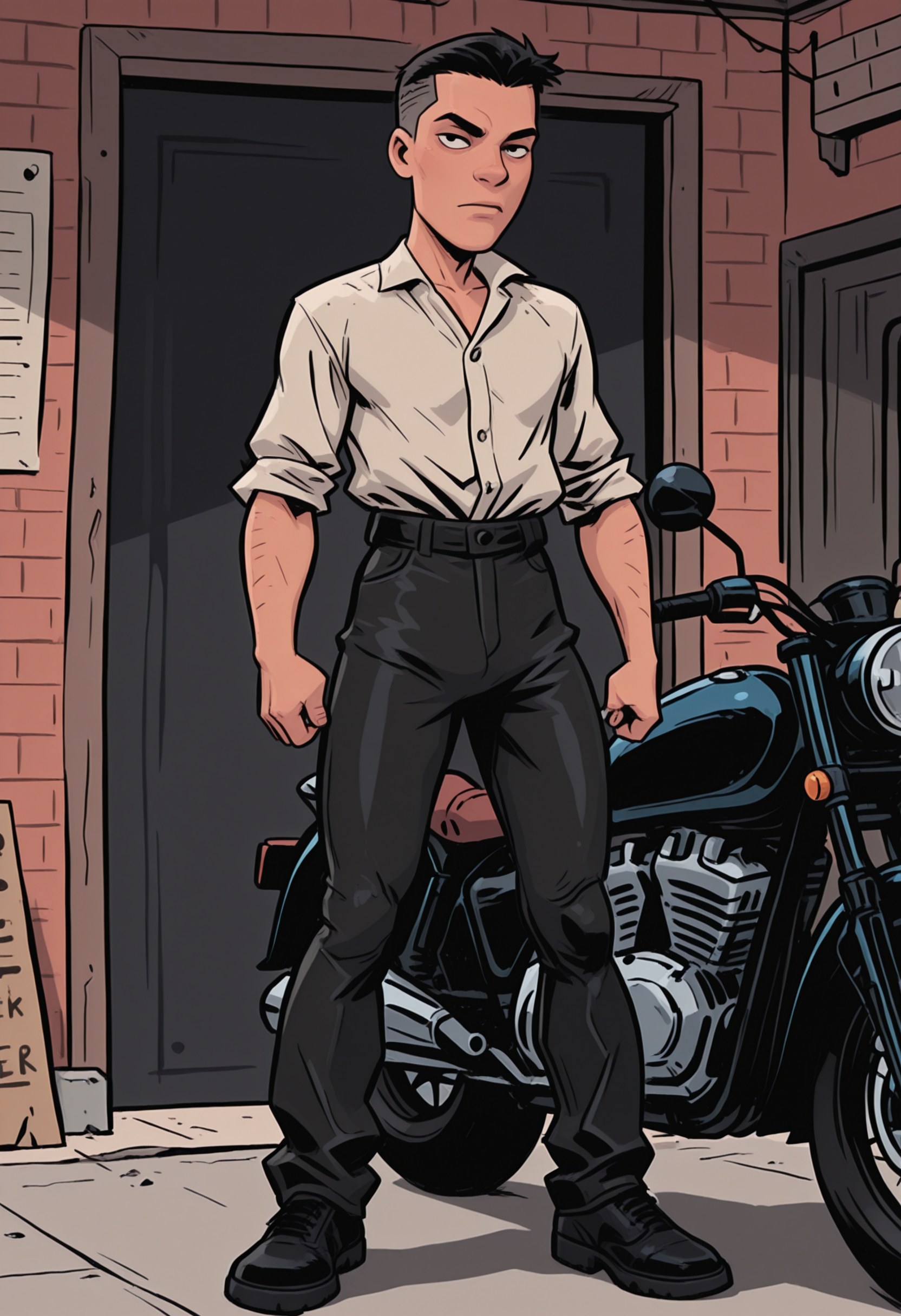 masterpiece, best quality, amazing quality, 4k, high resolution, absurdres, newest, 1boy, man, solo, Linen Button-Down Shirt, Motorcycle pants, black Hair, short black hair, crew cut, male focus,