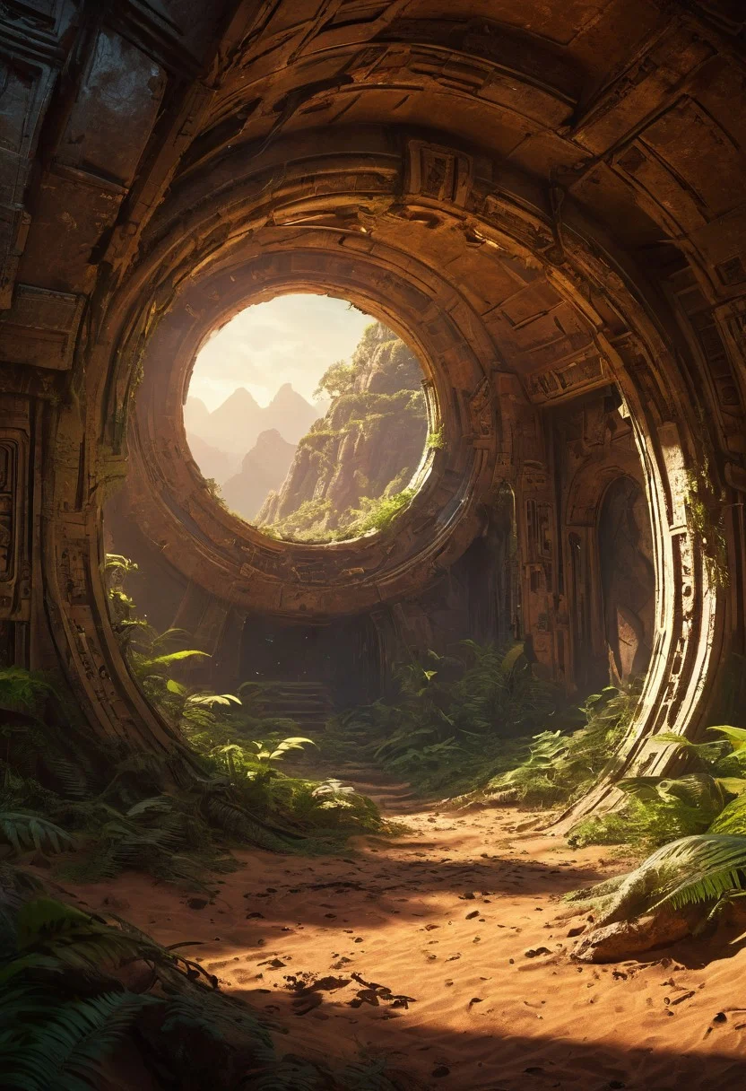 futuristic ruined city, overgrown jungle, first encounter, awe-inspiring moment, epic scenery, overgrown high-tech architecture, vibrant nature reclaiming advanced technology, mysterious atmosphere, lush greenery, decaying sci-fi structures, lost advanced civilization, surreal beauty, dramatic lighting, cinematic shot, wide-angle view, golden hour, shadows and light, hidden secrets, ancient futuristic technology, breathtaking vista, Star Wars-inspired, Dune-inspired, high detail, hyper-realistic, panoramic composition, dramatic lighting, bokeh, soothing tones, depth of field, dramatic backlighting, film grain, Surreal Harmony