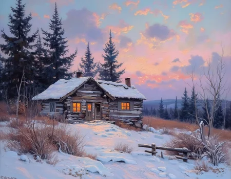 <lora:OBä¸ä¸çºªæ²¹ç»v1.1:1> OByouhua, oil painting
oil painting of traditional russian style house in a tundra, dead bushes, wooden fence,, foggy, cloudy sky, pine trees, window lit, snowy, winter,