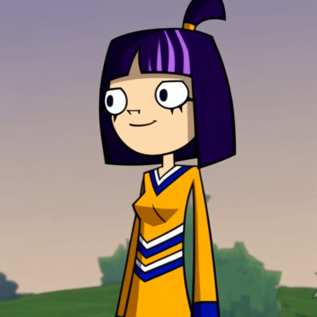 short hair, solo, blue eyes, ponytail, long sleeves, , gold hair band, gold cheerleader uniform, 1girl, purple hair, Theresa Fowler, black and white stripe pattern leggings