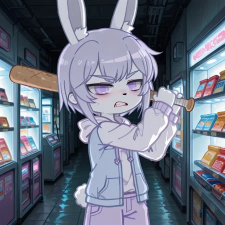 masterpiece,best quality,amazing quality, gacha, ch5ucha44g, gachach5ucha44g, 1boy, boy purple eyes, rabbit ears, furry, white skin, pale blue jacket, white sleeves, pale purple shorts, shop cel-shading, store, (dark:1.5), backlit, (upper body shot), holding baseball bat in hand, angry face, aggressive pose, angry pose, dynamic pose