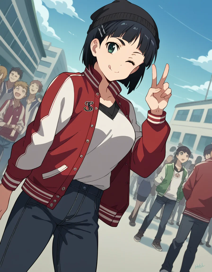 score_9, score_8_up, score_7_up, source_anime, suguhakirigaya, <lora:suguha-kirigaya-s1-ponyxl-lora-nochekaiser:1>, suguha kirigaya, short hair, black hair, hair ornament, hairclip, green eyes, large breasts,, <lora:letterman-jacket-ponyxl-lora-nochekaiser:1>, letterman jacket, jacket,, outdoors, crowd, people, v, v over eye, one eye closed, tongue out, smile, beanie, pants, open clothes, open jacket,, cowboy shot, solo, looking at viewer, dutch angle,