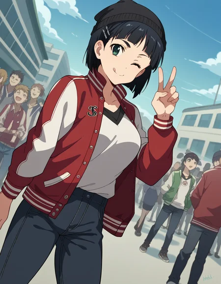 score_9, score_8_up, score_7_up, source_anime, suguhakirigaya, <lora:suguha-kirigaya-s1-ponyxl-lora-nochekaiser:1>, suguha kirigaya, short hair, black hair, hair ornament, hairclip, green eyes, large breasts,, <lora:letterman-jacket-ponyxl-lora-nochekaiser:1>, letterman jacket, jacket,, outdoors, crowd, people, v, v over eye, one eye closed, tongue out, smile, beanie, pants, open clothes, open jacket,, cowboy shot, solo, looking at viewer, dutch angle,