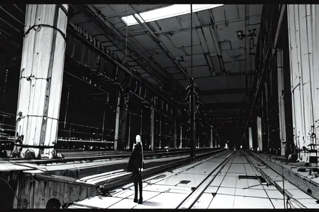 highly insanely detailed, masterpiece, top quality, best quality, highres, 4k, 8k, RAW photo, (very aesthetic, beautiful and aesthetic),  
tsutomu nihei,nihei_tsutomu,blame!,blame gakuen!,abara,TNstyle,sidonia_no_kishi,(hangar,city ruins,mausoleum,giant room,tower,megastructure in background,lab,deep horizon,space,spacecraft,tunnel),air conditioner,wire,foggy,steam,fog,smoke,mist,star \(sky\),starry sky,cables,tubes,industrial pipes,machinery,concrete walls,metal walls,letterboxed,drainpipe,lantern,gauna,gauna mech,toha heavy industries,light particles,fence,dark sky,black sky,dome,bridge,bones,buildings,tentacles,open space, 
<lora:blameLora_v10:0.8>, 
(1girl:1.3), 
solo focus, 
roman architecture background,âââ
