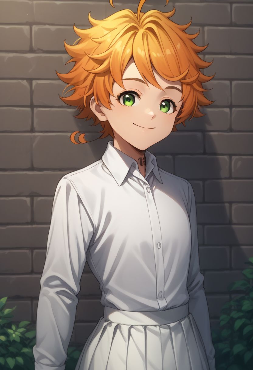 score_9, score_8_up, score_7_up, source_anime, highly detailed, 
emma, 1girl, shirt, green eyes, short hair, white shirt, orange hair, ahoge, solo, number tattoo, long sleeves, closed mouth, collared shirt, neck tattoo,  smile, skirt, white skirt, upper body,
outdoor, wall, bricks, sky,