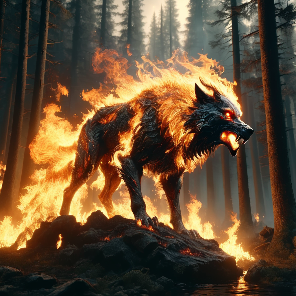 ignar burning wolf in burning forest, dark, cinematic, enigmatic, photorealistic, very detailed<lora:ignar:1>