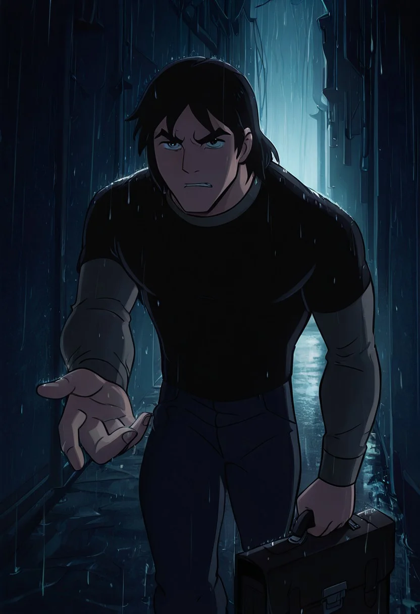 masterpiece, best quality, amazing quality, very aesthetic, absurdres, newest,
kevaf, black hair, 1boy, solo, black shirt, layered sleeves, short over long sleeves, thick eyebrows,
alleyway, dark alleyway, missing posters, holding briefcase, dark, angry, extending hand, heavy rain,