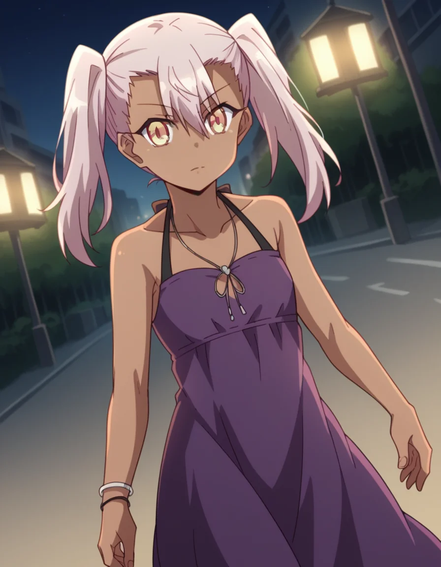 score_9, score_8_up, score_7_up, source_anime, <lora:chloe-von-einzbern-prisma-s2s3-ponyxl-lora-nochekaiser:1>,, chloe von einzbern, long hair, hair between eyes, yellow eyes, pink hair, dark skin, dark-skinned female,, twintails, dress, bare shoulders, collarbone, bracelet, halterneck, purple dress,, city street, evening, streetlights, walking dog, quiet neighborhood, gentle breeze, , looking at viewer, hand making an OK sign, solo,, cowboy shot, dutch angle