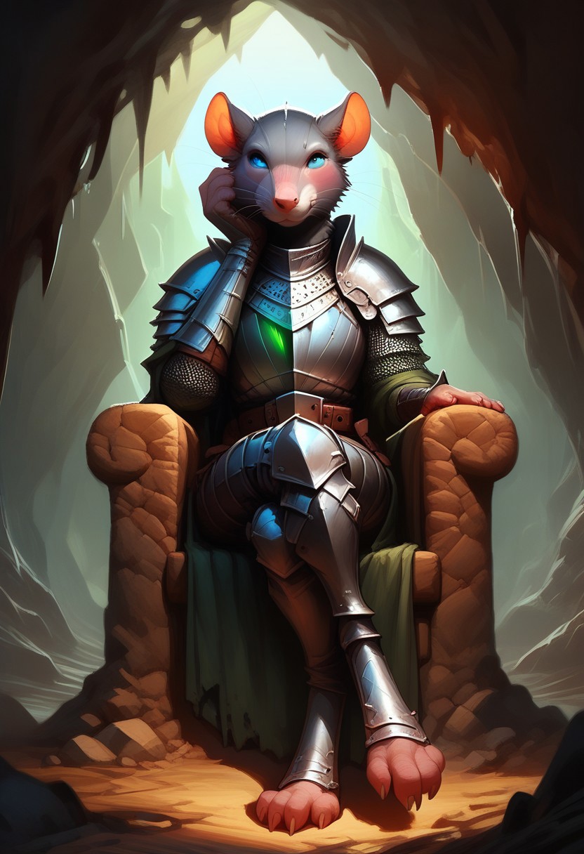 score_9, score_8_up, score_7_up, score_6_up, 1 anthro skaven girl, sexy face, wearing knight female armor, wearing helmet, sword in hand, cute face, blue eyes, hazel red eyes, shy, nose blush, medium boobs, chest up, grey fur, bald, fullbody, smirking, (dark green glowing cave background), front view, full body view, distance, sitting on armchair, crossed legs