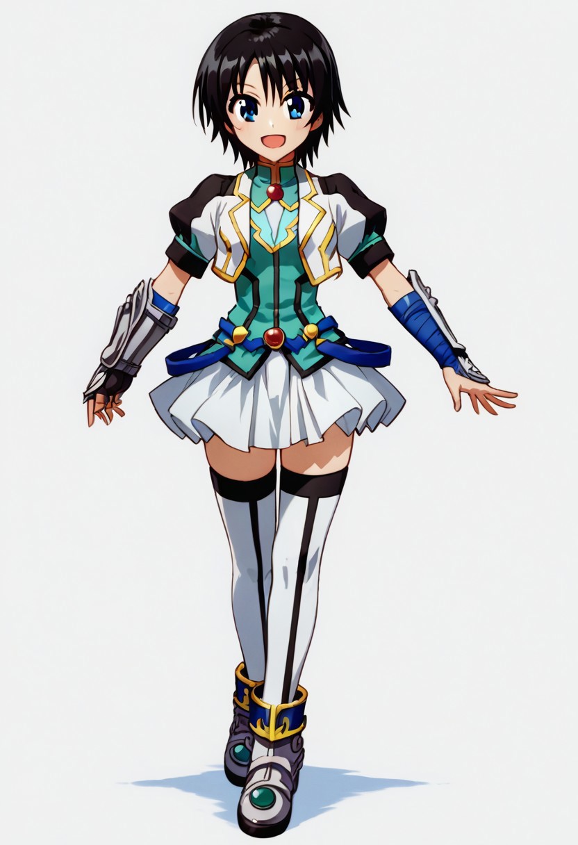 score_9, score_8_up, score_7_up, source_anime, good anatomy, 1girl, solo, NanamiTakatsuki, short hair, black hair, blue eyes, black and white cropped jacket with yellow trim, cyan shirt, blue belts, white pleated skirt, miniskirt, layered skirt, white thighhighs, blue anklet, metal shoes, red gem, armband, one metal gauntlet, standing, smiling, open mouth, contrapposto