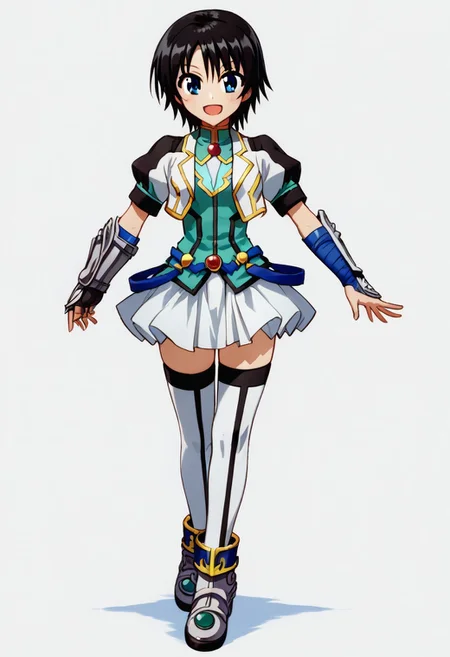 score_9, score_8_up, score_7_up, source_anime, good anatomy, 1girl, solo, NanamiTakatsuki, short hair, black hair, blue eyes, black and white cropped jacket with yellow trim, cyan shirt, blue belts, white pleated skirt, miniskirt, layered skirt, white thighhighs, blue anklet, metal shoes, red gem, armband, one metal gauntlet, standing, smiling, open mouth, contrapposto