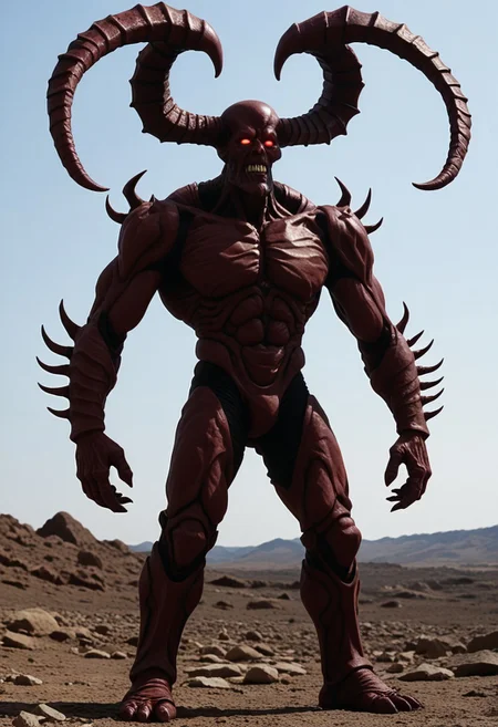Shabranigdu_Slayers
monster, demon, exoskeleton, red eyes, brown skin , large horns, 
handsomize
four arms, three fingers, large forehead, tail, wings, spikes
framing device, leading lines,  solo focus, 
ray tracing, 
(High Resolution), (More Details), (8K), (High Resolution)
handsomize
backdrop is a generic dark fantasy Shadowland/ Hell/fallen land.