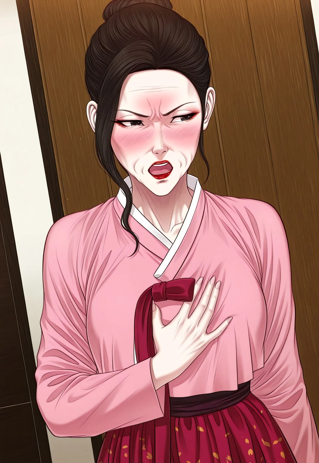 score_9, score_8, score_7_up, score_6_up, score_5_up, 1girl, solo, ja-young lee, old woman, gilf, pale skin, brown hair, red lips, large breasts, saggy_breasts, lipstick, makeup, wrinkles, face with wrinkles, single_hair_bun, hair bun, black eyes, pink hanbok, floral print hanbok, long pink skirt, floral print skirt, brown hair, long sleeves, red lips, saggy_breasts, large breasts, lipstick, makeup, skirt, single_hair_bun, hair bun, black eyes, blushing, tsundere, speaking, open_mouth, (right_hand_on_chest), posing, (((upper_body))), ((dynamic pose)), indoors, at the house, (dutch angle), (((detailed_background))), perfect anatomy, best quality, (highly detailed), very aesthetic, masterpiece, nsfw