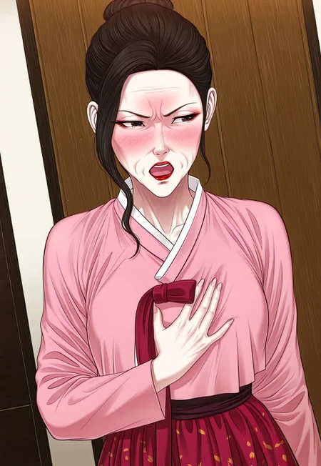 score_9, score_8, score_7_up, score_6_up, score_5_up, 1girl, solo, ja-young lee, old woman, gilf, pale skin, brown hair, red lips, large breasts, saggy_breasts, lipstick, makeup, wrinkles, face with wrinkles, single_hair_bun, hair bun, black eyes, pink hanbok, floral print hanbok, long pink skirt, floral print skirt, brown hair, long sleeves, red lips, saggy_breasts, large breasts, lipstick, makeup, skirt, single_hair_bun, hair bun, black eyes, blushing, tsundere, speaking, open_mouth, (right_hand_on_chest), posing, (((upper_body))), ((dynamic pose)), indoors, at the house, (dutch angle), (((detailed_background))), perfect anatomy, best quality, (highly detailed), very aesthetic, masterpiece, nsfw