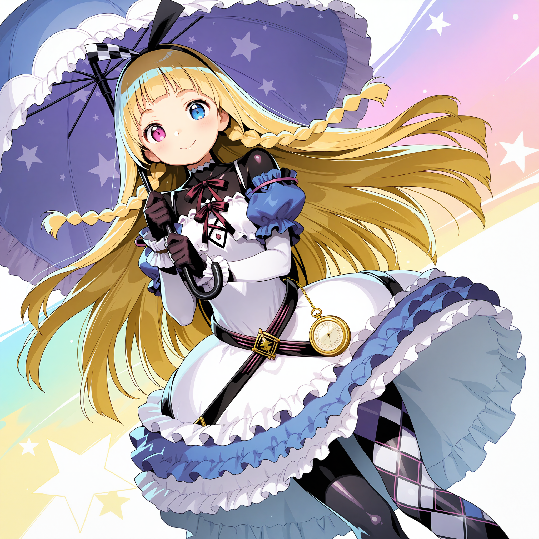 <lora:ALyCE_1_nai-000027:1>,ALyCE,twin braids,black hairband,hair ribbon,
frilled dress,bodysuit under clothes,black bodysuit,blue dress,two-tone dress,argyle legwear,asymmetrical legwear,mismatched legwear,white dress,pocket watch,black gloves,layered dress,black belt,cross belt,black pantyhose,cross-laced clothes,puffy long sleeves,two-tone sleeves,neck ribbon,
1girl,solo,smile,looking at viewer,holding umbrella,frilled umbrella,star print,dutch angle,multicolored background,