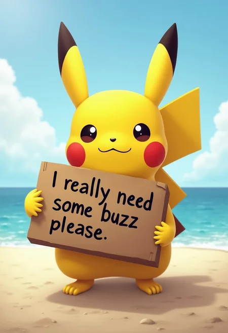 pikachu holding a cardboard that reads "I really need some buzz please" at the beach.