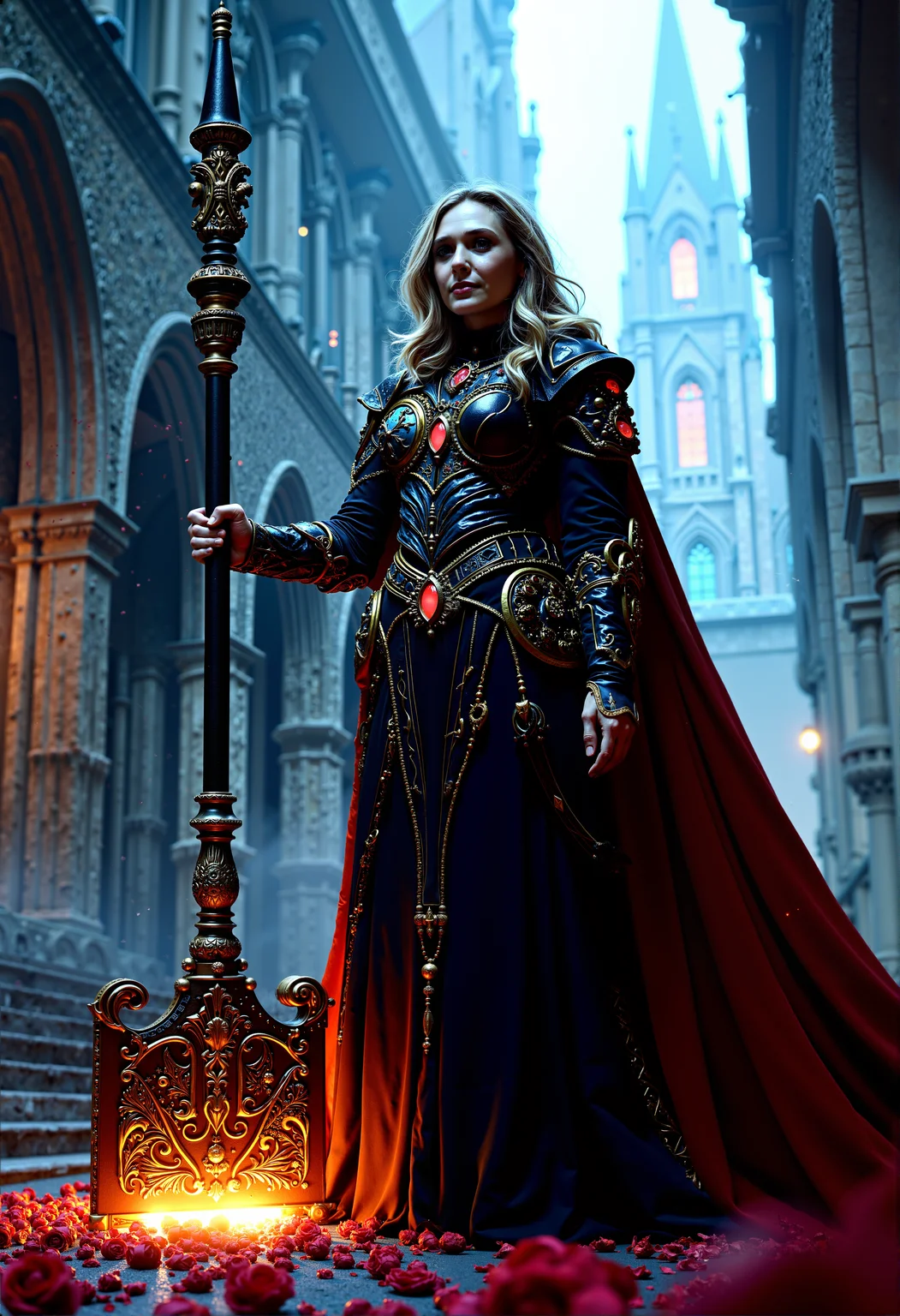 dark paladin queen, her dress a blend of intricate armor, breastplate, and flowing fabric in turtleneck, wielding a massive, glowing warhammer, with a backdrop of a towering cathedral bathed in cold, ethereal light and a storm of rose petals.
She stands with the hammer held loosely at her side, her posture relaxed but alert. Her expression is calm, with a slight smile, as if she has just won a hard-fought battle and is surveying the aftermath.
A creative low-angle shot from the perspective of the hammer, looking up at the dark paladin queen. This shot emphasizes her control over the powerful weapon and creates a sense of awe
cinematic lighting, extremely intricate detail character, accurate depiction of character, correct body anatomy, correct hands and fingers, extremely intricate skin and facial texture detail, design,lifelike potrayal, extrememly realistic lighting, extreme dynamic pose