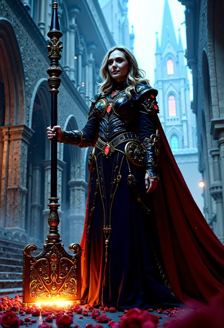 dark paladin queen, her dress a blend of intricate armor, breastplate, and flowing fabric in turtleneck, wielding a massive, glowing warhammer, with a backdrop of a towering cathedral bathed in cold, ethereal light and a storm of rose petals.
She stands with the hammer held loosely at her side, her posture relaxed but alert. Her expression is calm, with a slight smile, as if she has just won a hard-fought battle and is surveying the aftermath.
A creative low-angle shot from the perspective of the hammer, looking up at the dark paladin queen. This shot emphasizes her control over the powerful weapon and creates a sense of awe
cinematic lighting, extremely intricate detail character, accurate depiction of character, correct body anatomy, correct hands and fingers, extremely intricate skin and facial texture detail, design,lifelike potrayal, extrememly realistic lighting, extreme dynamic pose