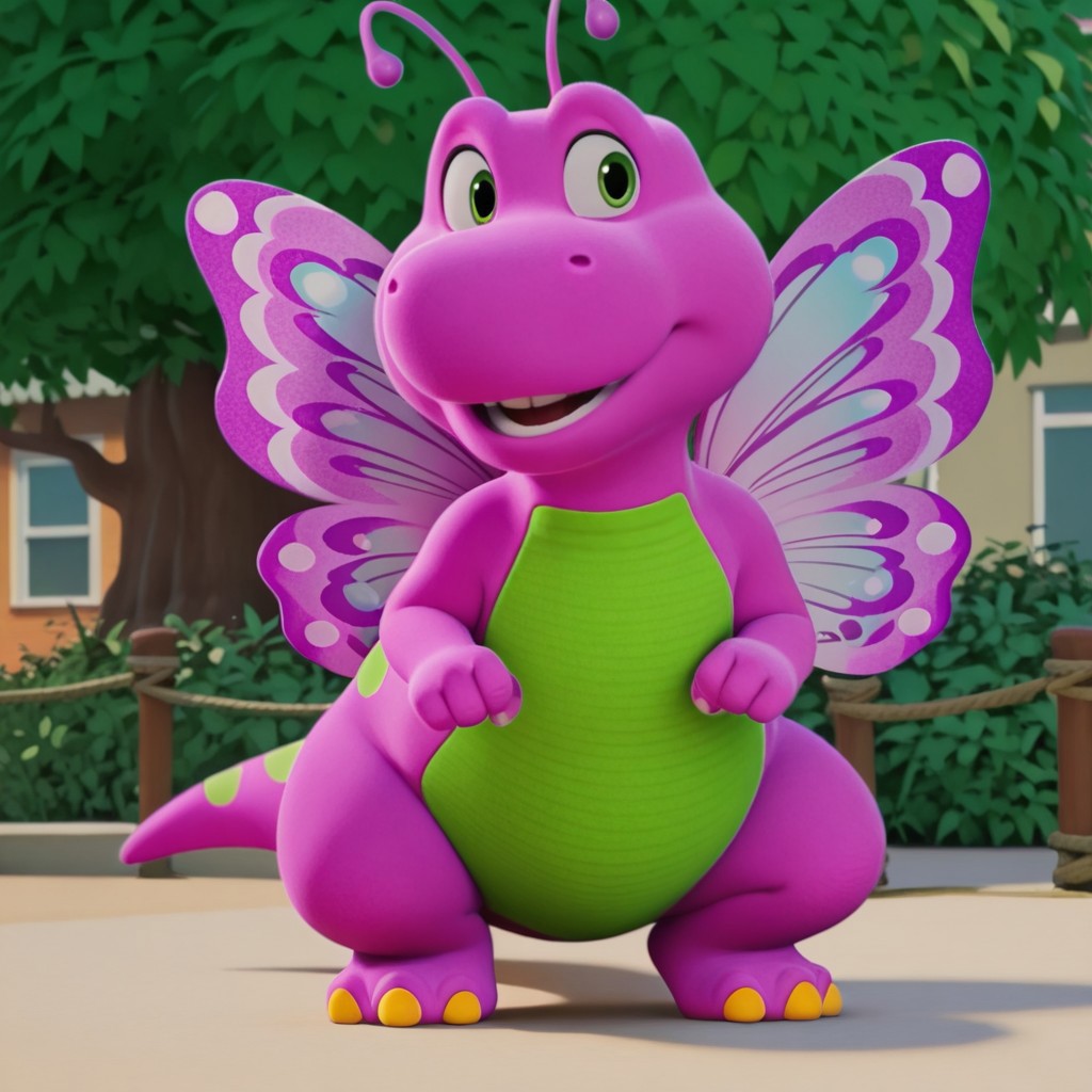 ((masterpiece, best quality, amazing quality,)) Barneybwil, semi-anthro, male, dinosaur, purple skin, green eyes, solo, outside, full body, antennae, butterfly wings,