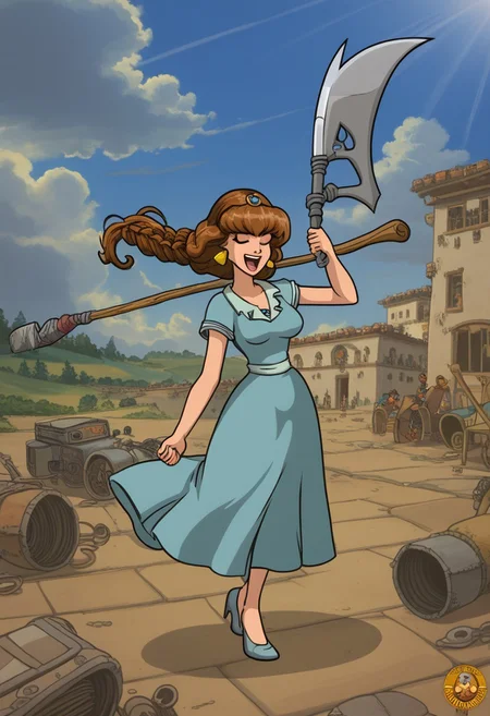 happy girl, random_combat_action_pose, scythe (4K4BUR5TYL3)