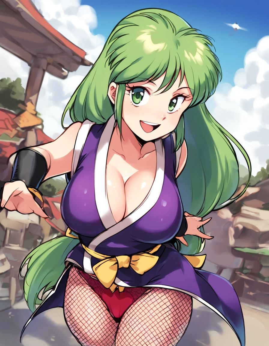 score_9, score_8_up, score_7_up, score_6_up, score_5_up, score_4_up, source_anime, rating_explicit, BREAK
 <lora:yae-bonbon_XL:1>  yae-bonbon, 1girl, soro, light green hair, long hair, green eyes,  low-tied long hair, Yellow bow, red panties,  looking at viewer, large breasts, cowboy Shot.
looking straight ahead, fishnets, fishnet bodysuit, ninja,   purple bodysuit, japanese clothes,   pantyhose, sky, outdoor, smile, open mouth,