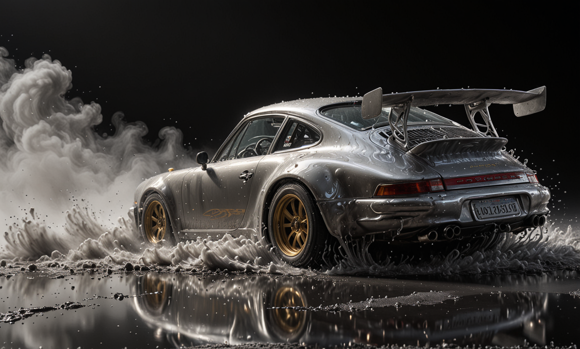 GOLD LIQUID METAL Porsche 911 RS3, race car, racing through SILVER LIQUID METAL, Car drifting in a black void, UHD, <lora:Liquid_Fluid_Metal_XL_-_By_DICE:0.7>