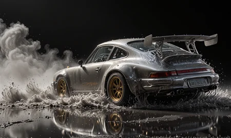 GOLD LIQUID METAL Porsche 911 RS3, race car, racing through SILVER LIQUID METAL, Car drifting in a black void, UHD, <lora:Liquid_Fluid_Metal_XL_-_By_DICE:0.7>