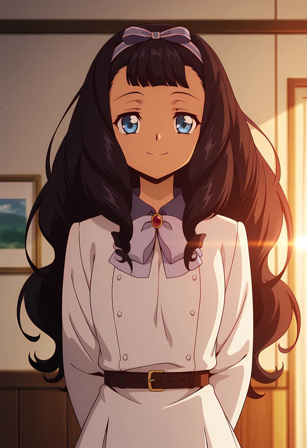 masterpiece,best quality,amazing quality,
1girl, solo,
Halona Walker (Cardfight Vanguard), dark-skinned female, black hair, long hair, wavy hair, blue eyes, hair bow, hairband, white dress, ribbon, long sleeves, belt,
Smile, looking at viewer,
cinematic, arms behind,
Indoors,
Lens flare, bloom,
Official style, anime screencap, anime coloring,