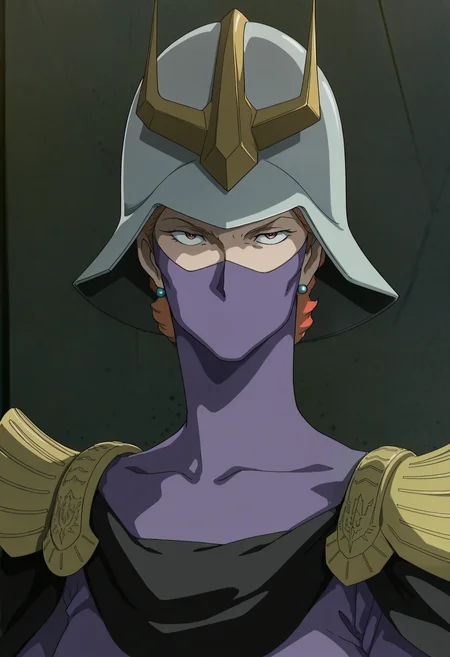 masterpiece, best quality, good quality, <lora:GOKycilia:1>, GOKycilia, 1girl, solo, orange hair, helmet, mask, ninja mask, red eyes, earrings,
purple military uniform, white belt, cape, capelet, white gloves,
looking at viewer, portrait, 
BREAK indoors, concrete,